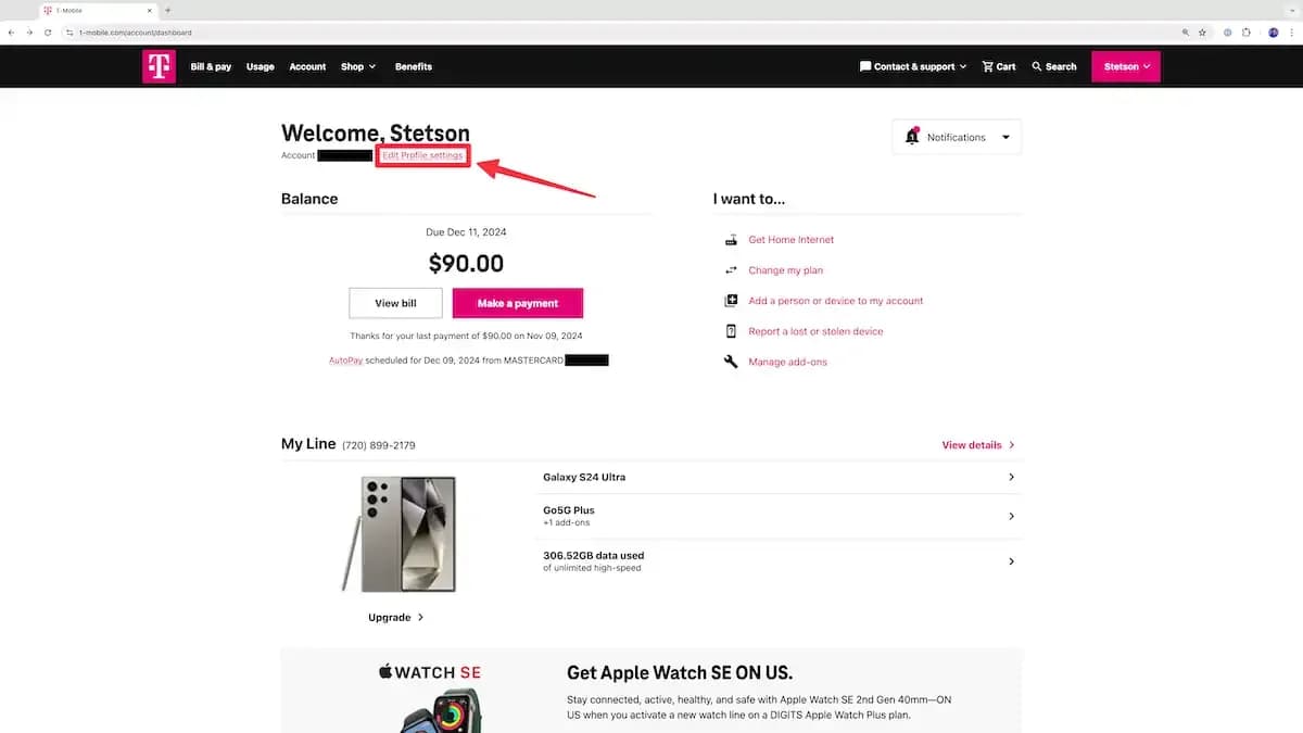 Screenshot of T-Mobile account page on the website