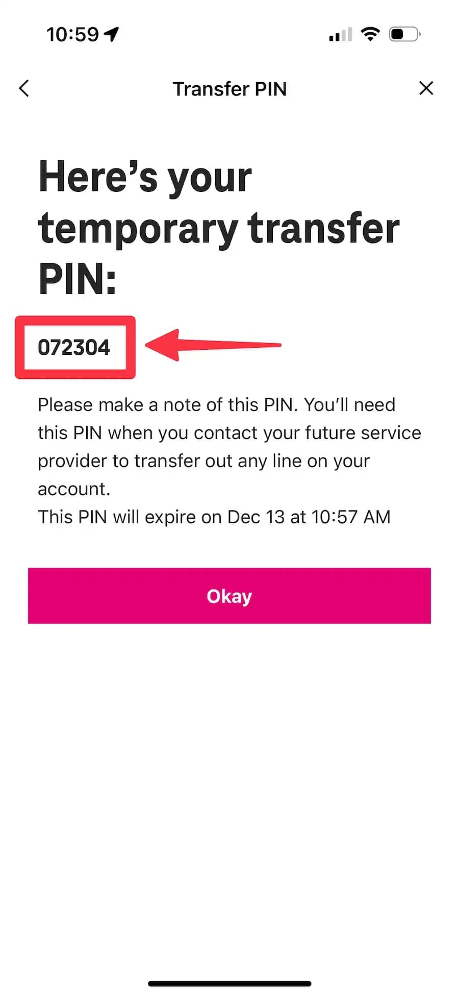 Screenshot of a T-Mobile Transfer PIN that was successfully generated